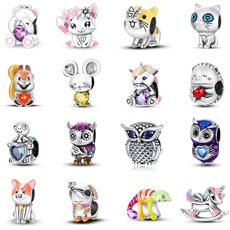 S925 Sterling Silver Owl Squirrel Bear Hedgehog Cute Animal Series Creative Charms Beads Fit Pan Original Bracelets DIY Jewelry