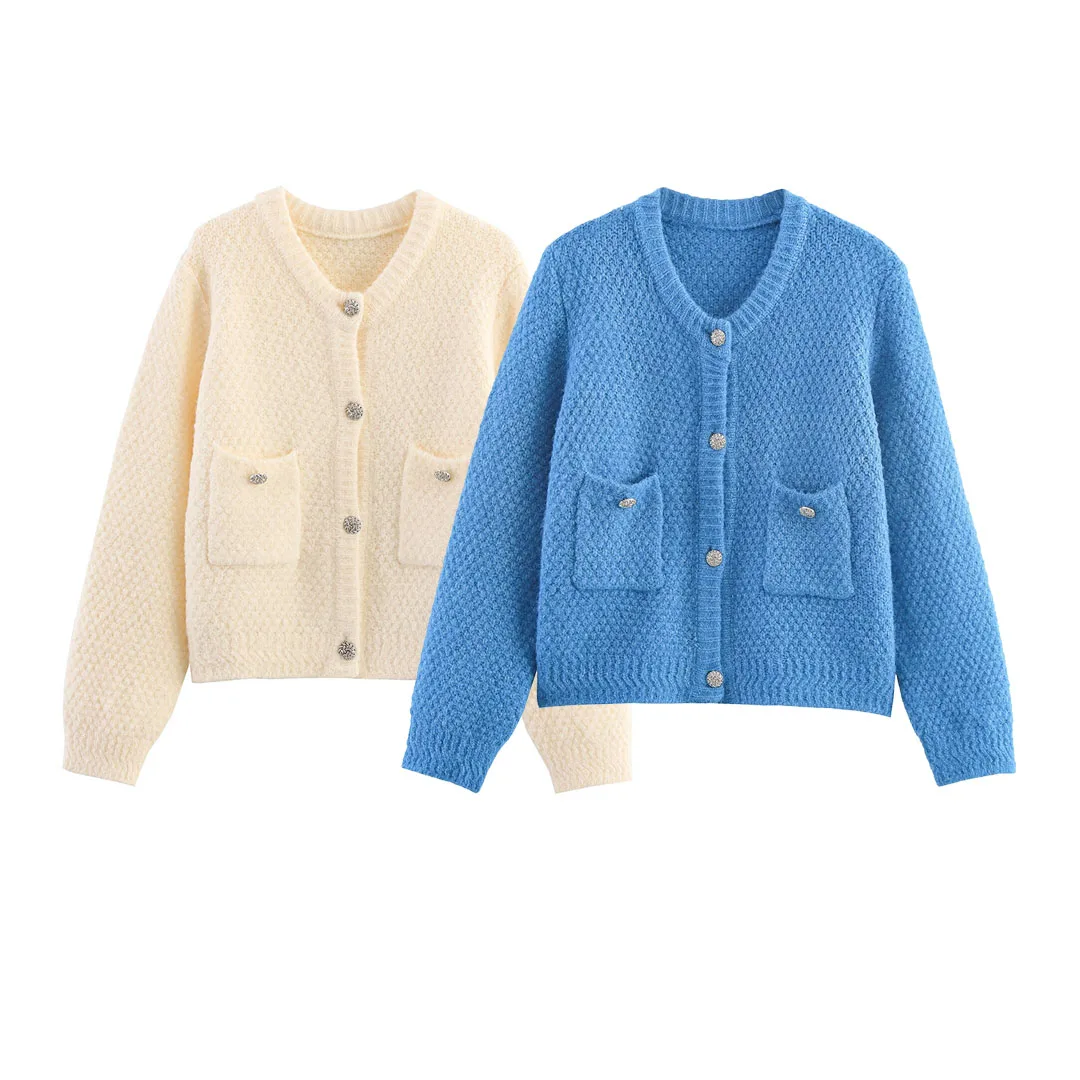 

Korejepo новая женская одежда в европейском и американском стиле с карманами и круглым вырезом в европейском и американском стиле, вязаный свитер с длинными рукавами, куртка, топ