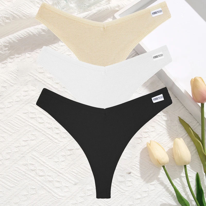 FINETOO 3 Teile/satz Sexy Waffel Plaid Baumwolle Höschen Frauen Einfarbig Niedrigen Taille G-String Unterwäsche Weibliche Weiche Thongs Dessous