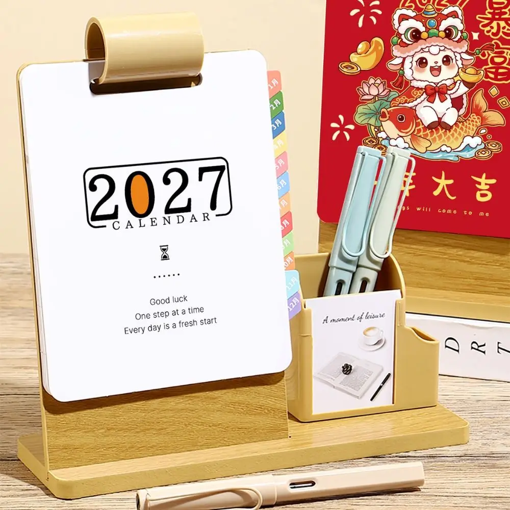 Creative Wood 2027 Desk Calendar Pen Holder Multifunctional Pen Holder Calendar Creative 2027 Calendar Organizer Business Gift