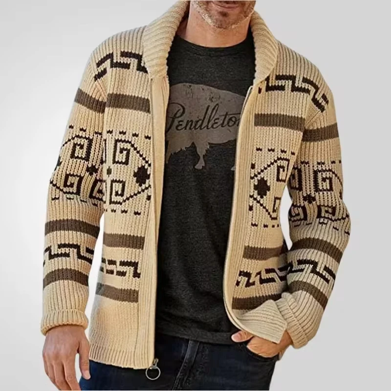 

Cardigan Men Knitted Sweaters Zipper Coat Full Sleeve Turn Down Collar Print Knit Thick Coats Open Stitch Autumn Winter