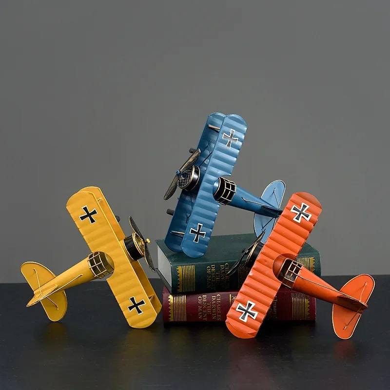 Vintage Biplane Model Mini Figurines for Home Decor Metal Iron Air Plane Model Aircraft Children Room Hanging Decor Kids Gift