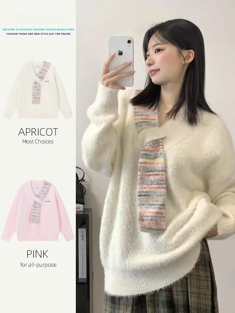 

Женский свитер K787 с V-образным вырезом, на флисовой подкладке, с мягким дизайном и вставками, в стиле кэжуал, из полиэфирного волокна