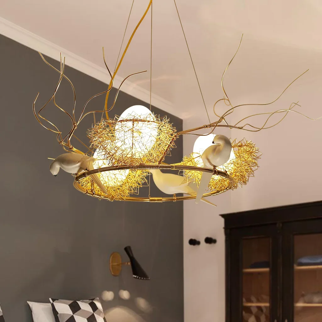 Modern Led Bird Nest Chandelier Living Room Aluminum Gold Round Bird\'s Nest Chandelier Indoor Home Ceiling Decor Oriental Lamp