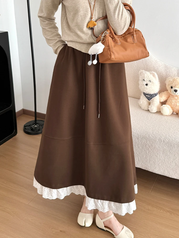 Faux Woolen Sweet Long Skirt Women Loose Vintage Lace Patchwork Elegant High Waist Skirts Fall Winter Casual Preppy Style Skirt