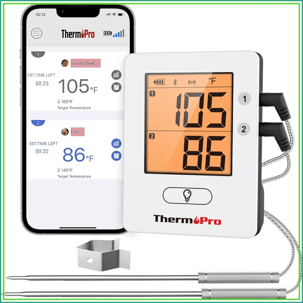 

650FT Bluetooth Meat Thermometer for Smokers, Rechargeable Wireless Grilling Thermometer with 2 Probes, Smart Timer, Alarm, Cook Time Estimator