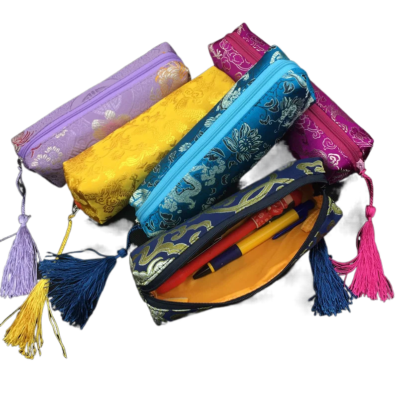 10pcs Tassel Long Chinese style  Zipper Pouch Bags Silk Brocade Necklace Jewelry Storage Pouches Cosmetic Makeup Pencil Cases