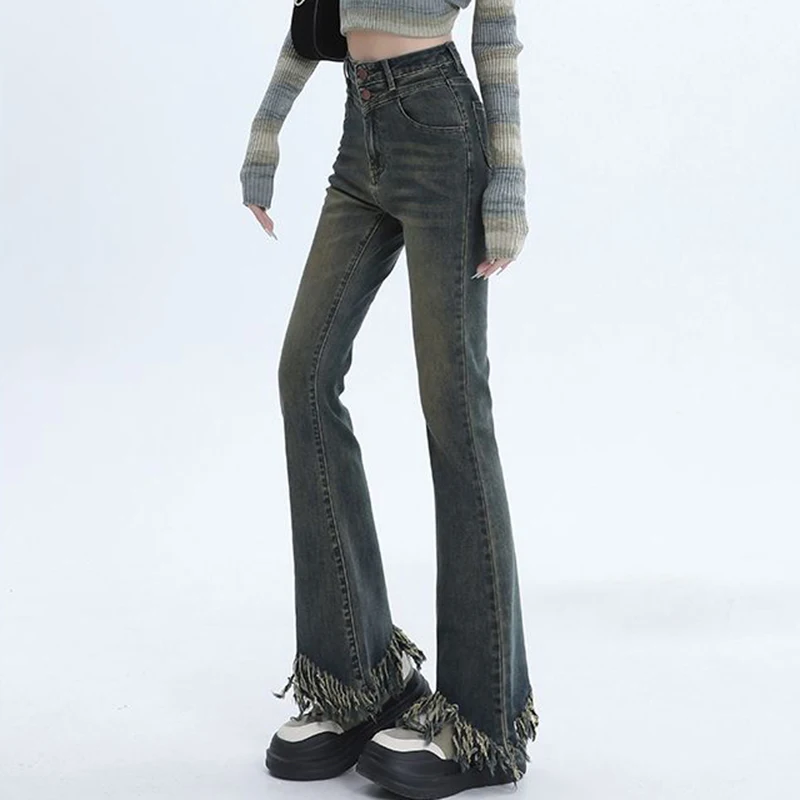 Damen Chic Zerrissene Designer High-Waist Schlagjeans Mädchen Y2k Retro Mode Dünne Hosen Weibliche Koreanische Lässige Denim-Hosen