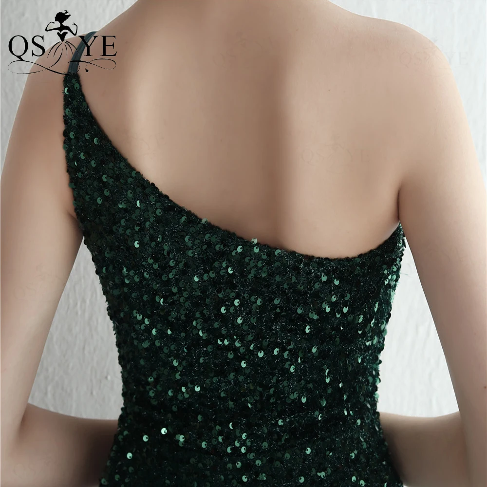 One Shoulder Green Evening Dresses Mermaid Sequin Prom Gown Glitter Lace Long Formal Party Open Split Women Fashion Prom Dress