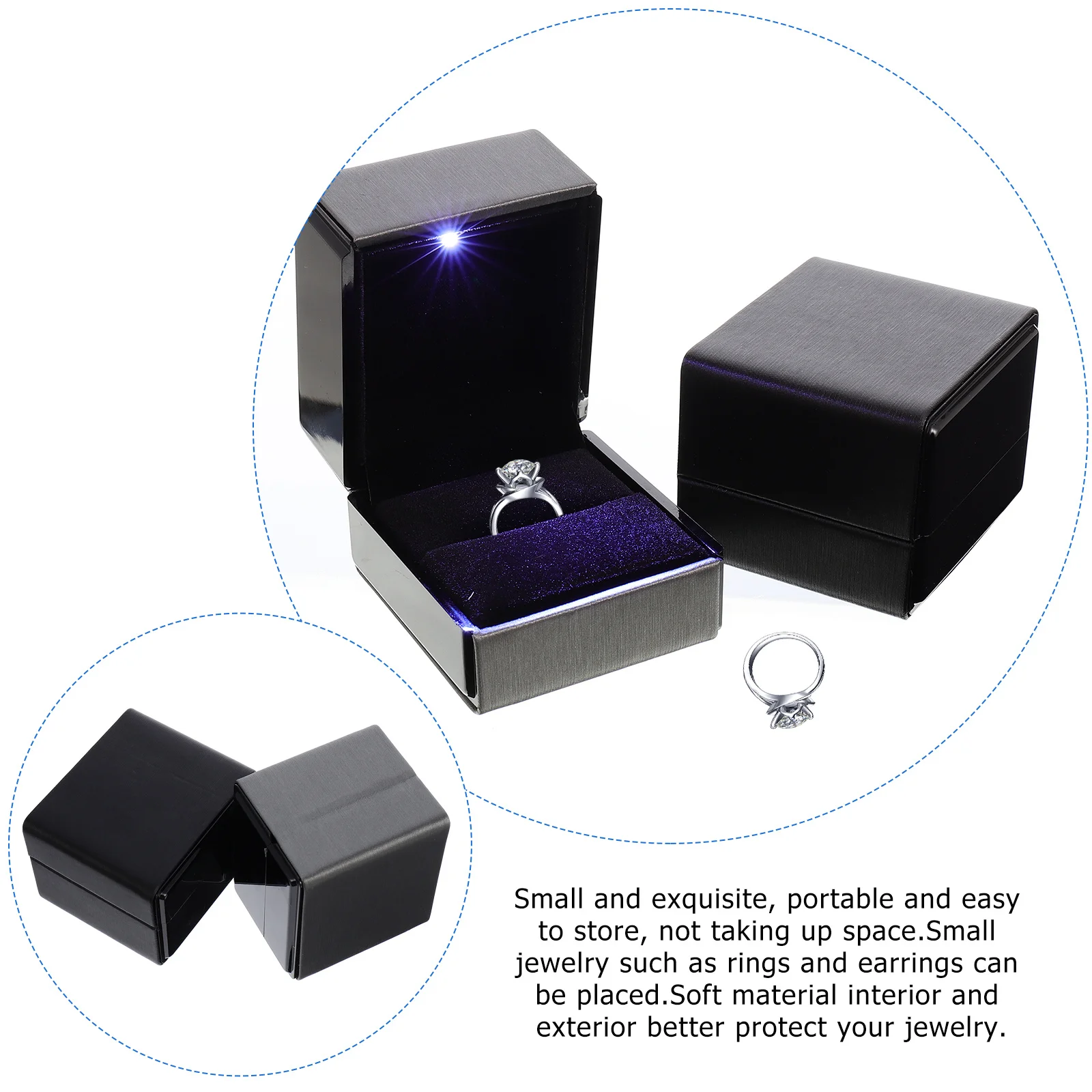 

2 шт. светодиодные коробки для демонстрации ювелирных изделий, черные, серые, гладкие чехлы для хранения обручальных колец, элегантное предложение, упаковка для колец