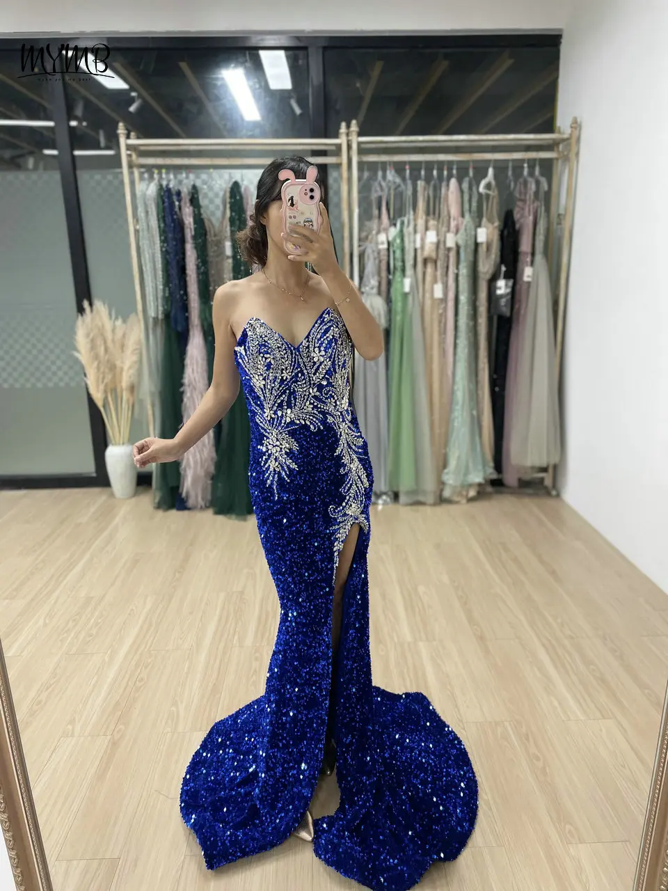 MYMB Sexy Strapless Front Slit Royal Blue Prom Dress Stunning Shiny Sequin Padded Bodycon Evening Dress for Women Wedding Party