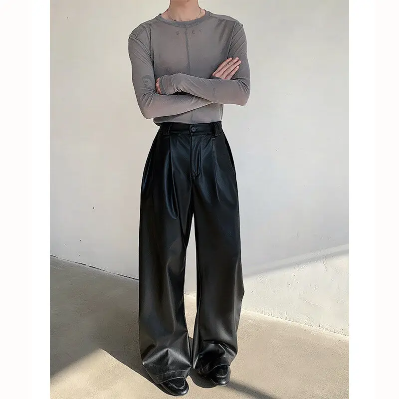 

Spring Vintage Men's Leather Pants Casual Wide Leg Knife Trendy Classy Biker Sle Long Trousers Polyester Fiber