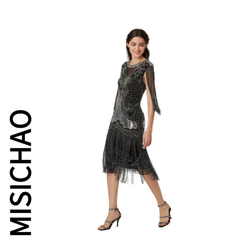 

MISICHAO 2025 Sleeveless Dress in Retro Jazz Style - Sequin and Fringe - Decorated Party and Performance Dress