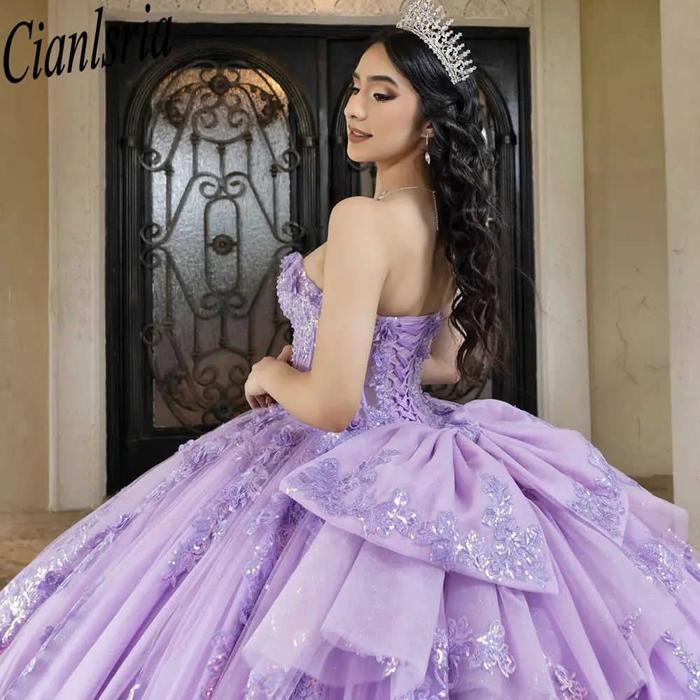 Lilas manches détachables plissées Quinceanera robes robe de bal paillettes Appliques dentelle arc mexicain doux 16 robes 15 Anos