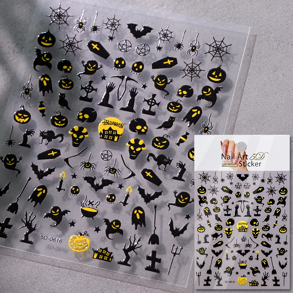 1 Stück 5D Schwarze Halloween-Spinnen-Nagelaufkleber mit verschiedenen Designs: Fledermaus/Geistergesicht/Kürbis/Totenkopf, selbstklebende Slider, DIY-Nagelzubehör