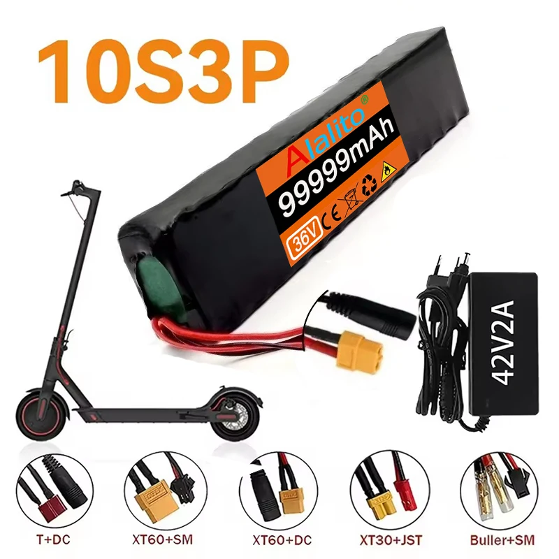 36V 99999mAh lithium-ion battery 10S3P battery pack with built-in 15A BMS, suitable for 250W-500W devices+42V 2a charger