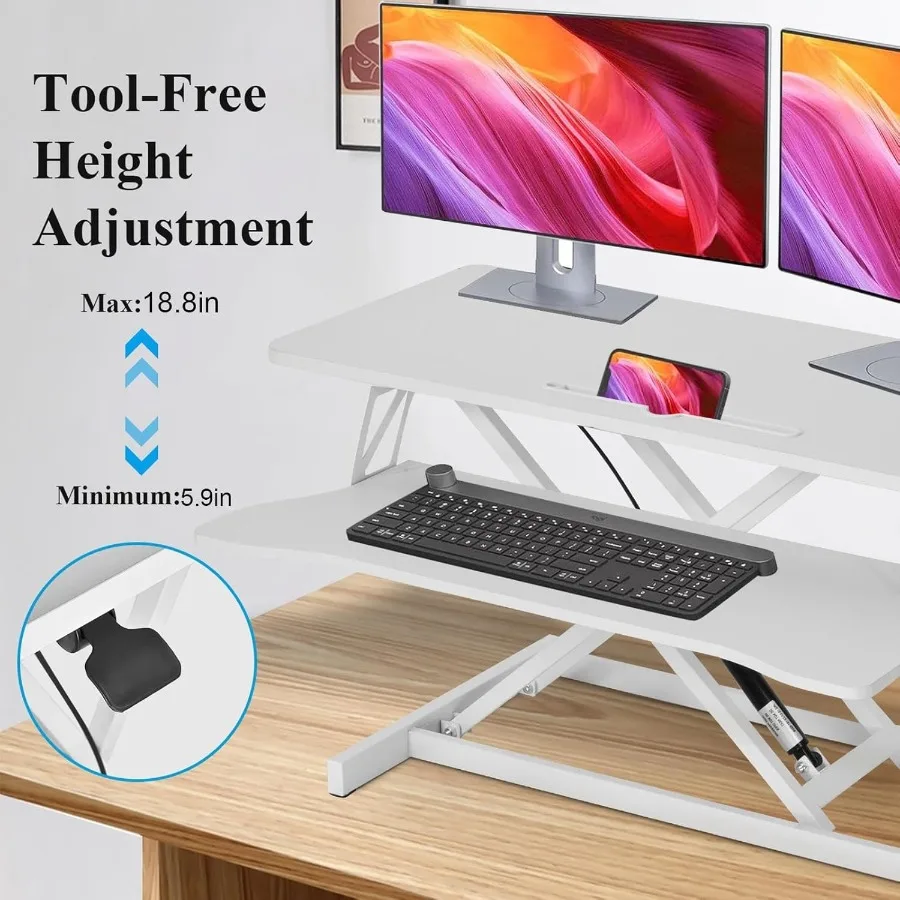 38 Height Adjustable Sit to Stand Desk Converter with Dual Monitor and Laptop Workstation Wide Keyboard Tray for Ergonomic Home