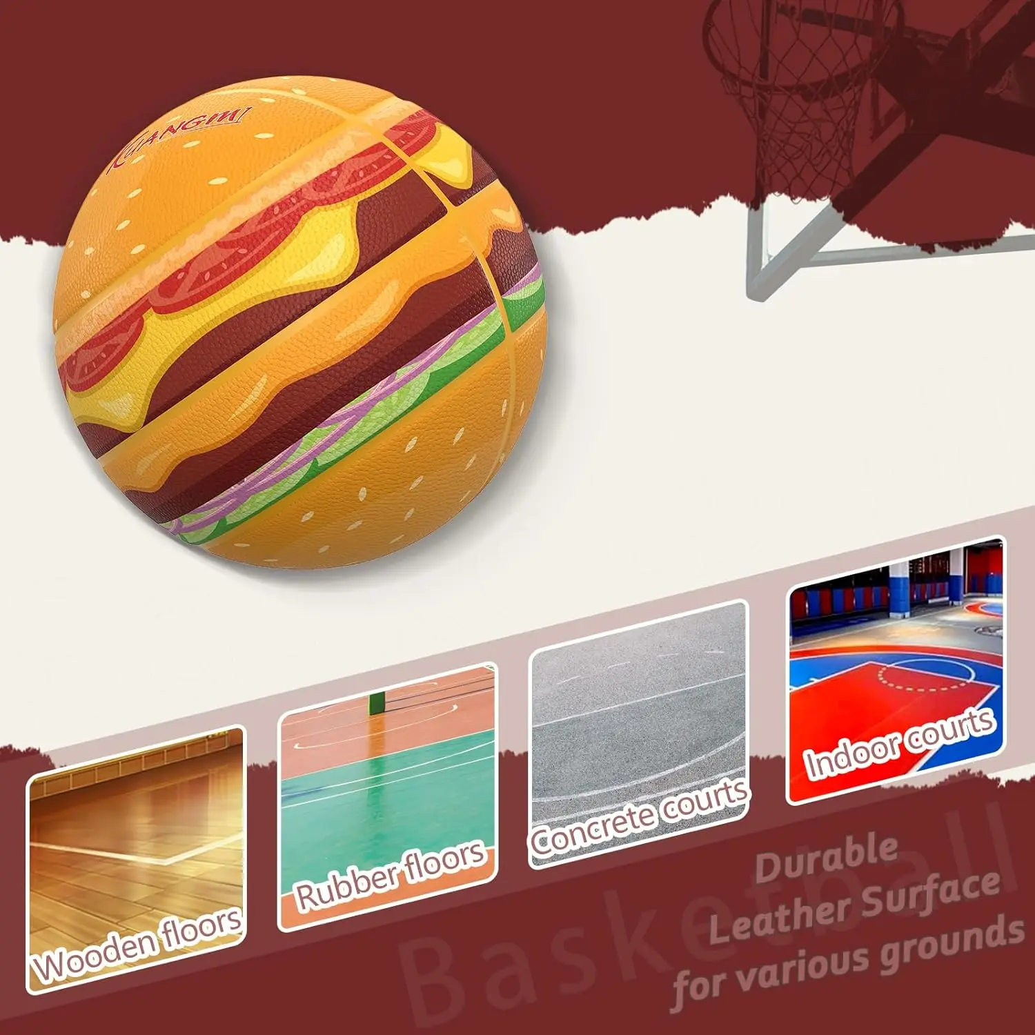 クアンミフードテーマバスケットボール、公式サイズ7(29.5インチ)、斬新で面白いストリートボール、屋内外用