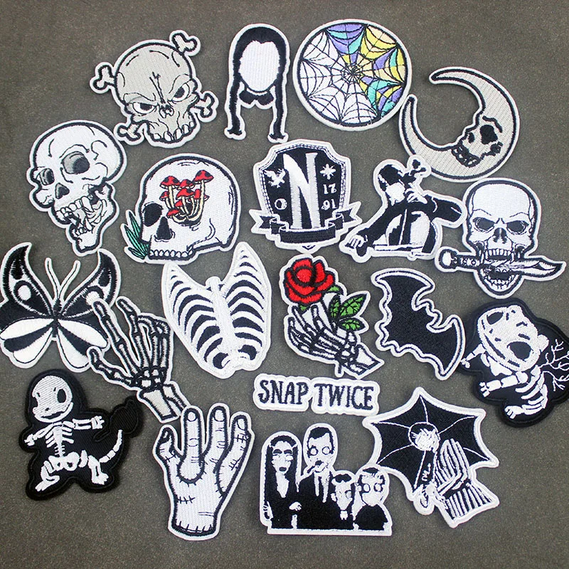 20pcs a lot Punk Skull Patches Iron on for Cloth Jacket Cartoon Dinosaur DIY Stickers White Badge Embroidery Stripes Appliques