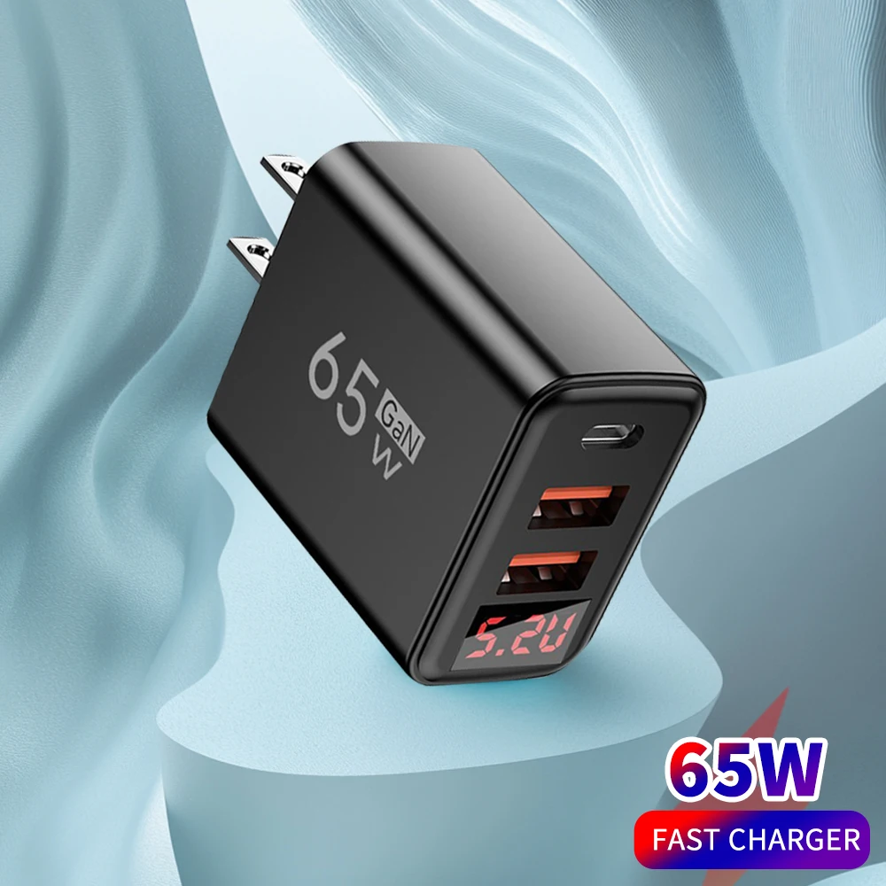 65W USB C Charger with LED Display Portable USB Type-C QC3.0 Charger EU/US/UK Plug Wall Adapter for iPhone Samsung Fast Charger