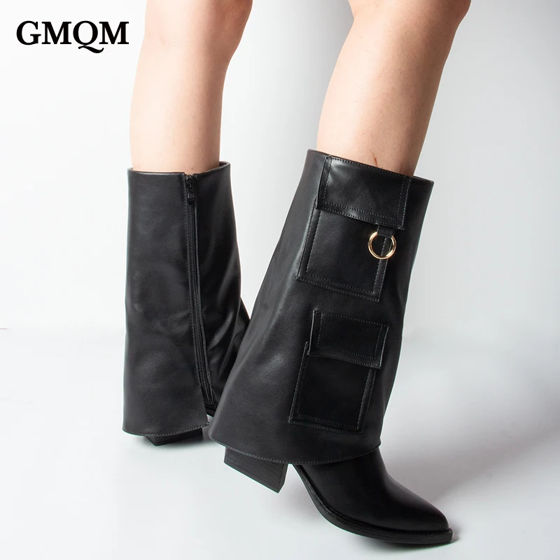GMQM New Women's Mid Calf Boots Fold Over Decor Rings Pointy Toe Block Heel With Side Zipper Elegance For Dress Party Festival