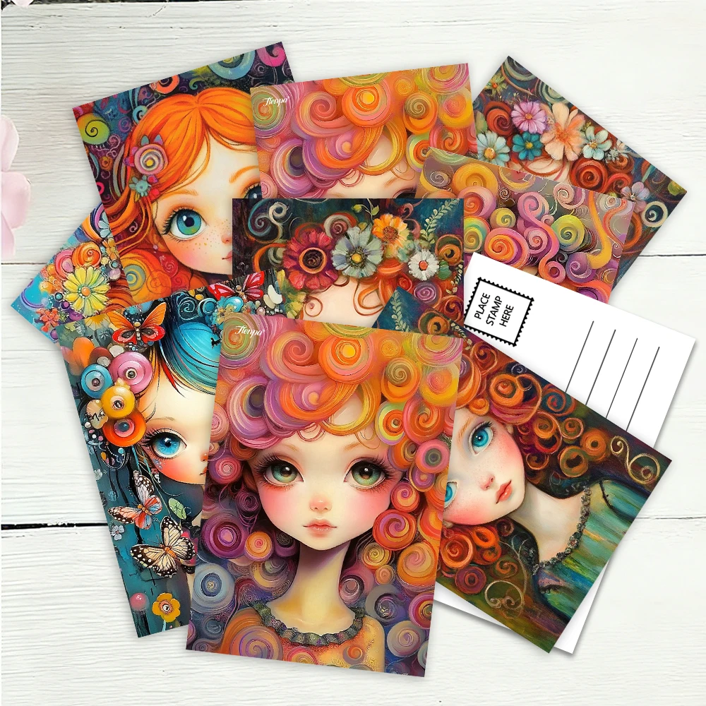 16pcs，Fairy Curly Hair Girls Postcards, Surreal Style, birthday/anniversary gifts, collectibles, suitable for gift-giving