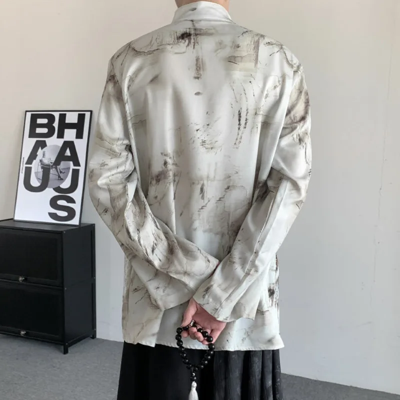 WVGA Spring Autumn New Man Tide Chinese Style Patchwork Printed Trendy Top Niche Chic Casual Oversized Long Sleeve Shirts W21238