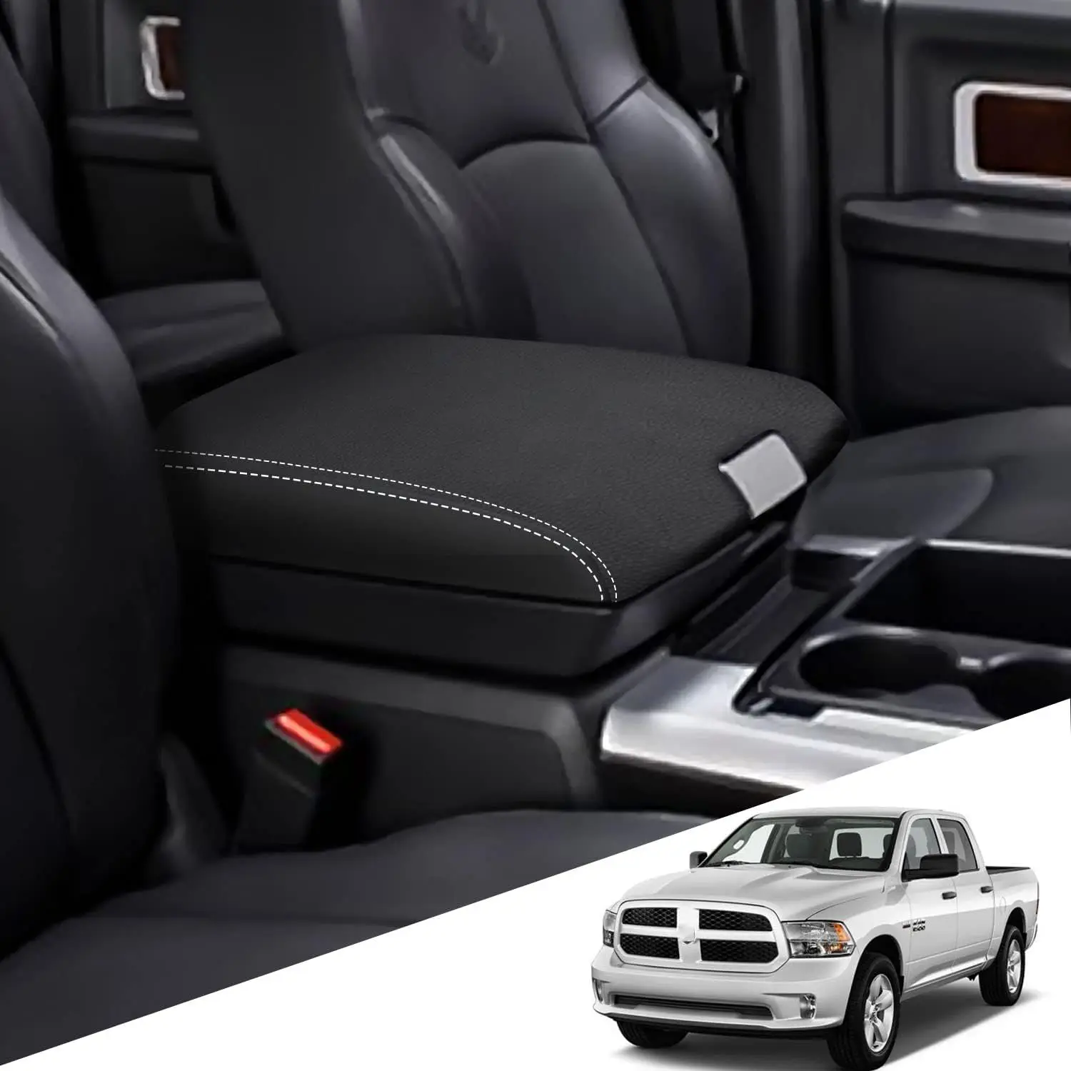 For Dodge Ram 2009 2010 2011-2018 Car Center Console Armrest Box Cover Black Leather White Stitching Auto Interior Accessories