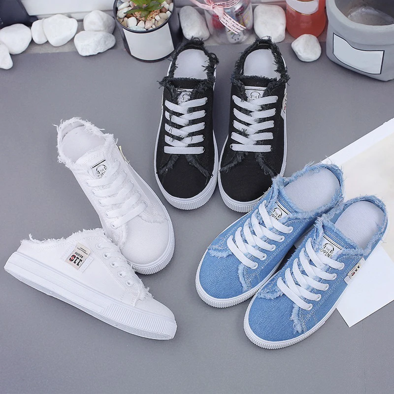 Sepatu Flat Kanvas Wanita Sepatu Slip-on Punggung Terbuka Kasual Nyaman Ringan Bersirkulasi Bertali