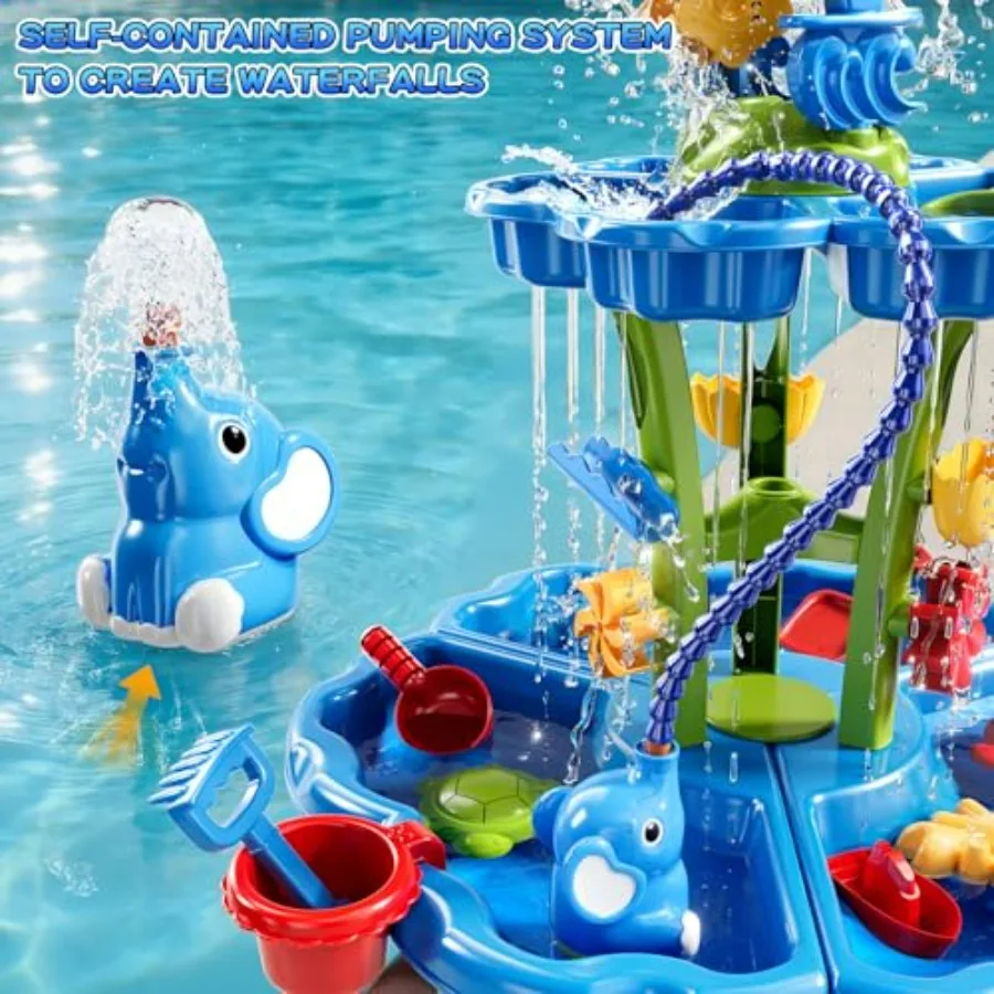 2-Tier Auto Water Table with Pump for Outdoor Beach Backyard Sensory Play, Blue Plastic, Easy-Drain Feature