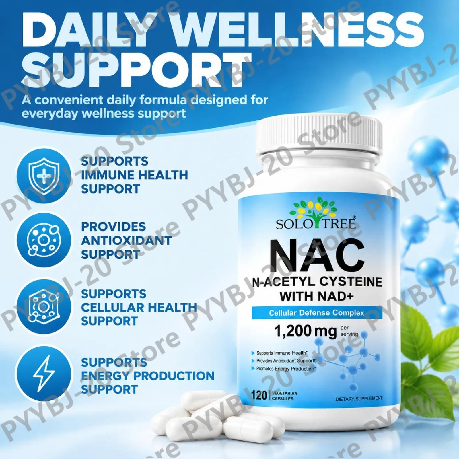 SOLOTREE NAC N-Acetyl Cysteine with NAD+ Vegetarian Capsules Non-GMO Antioxidant Immune Cellular Health Support 120 Capsules