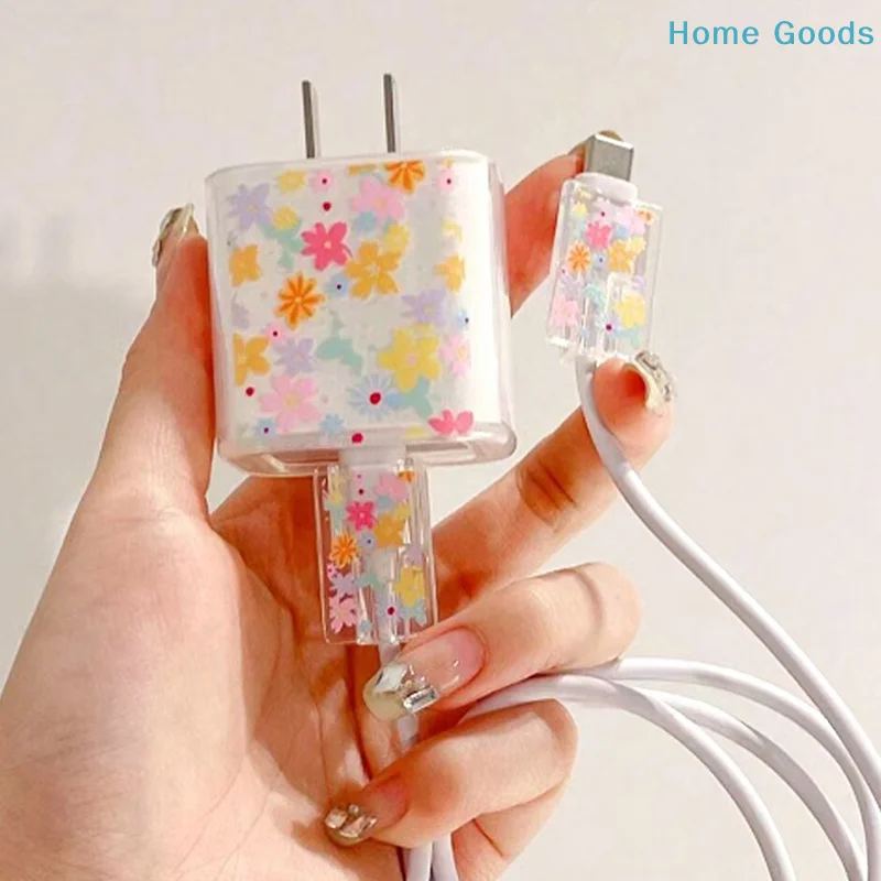 Transparent Flowers For 18/20w Charger Protective Case Is Applicable To 16/15/14/13 Data Cable Head Bite Protector Shellproduct