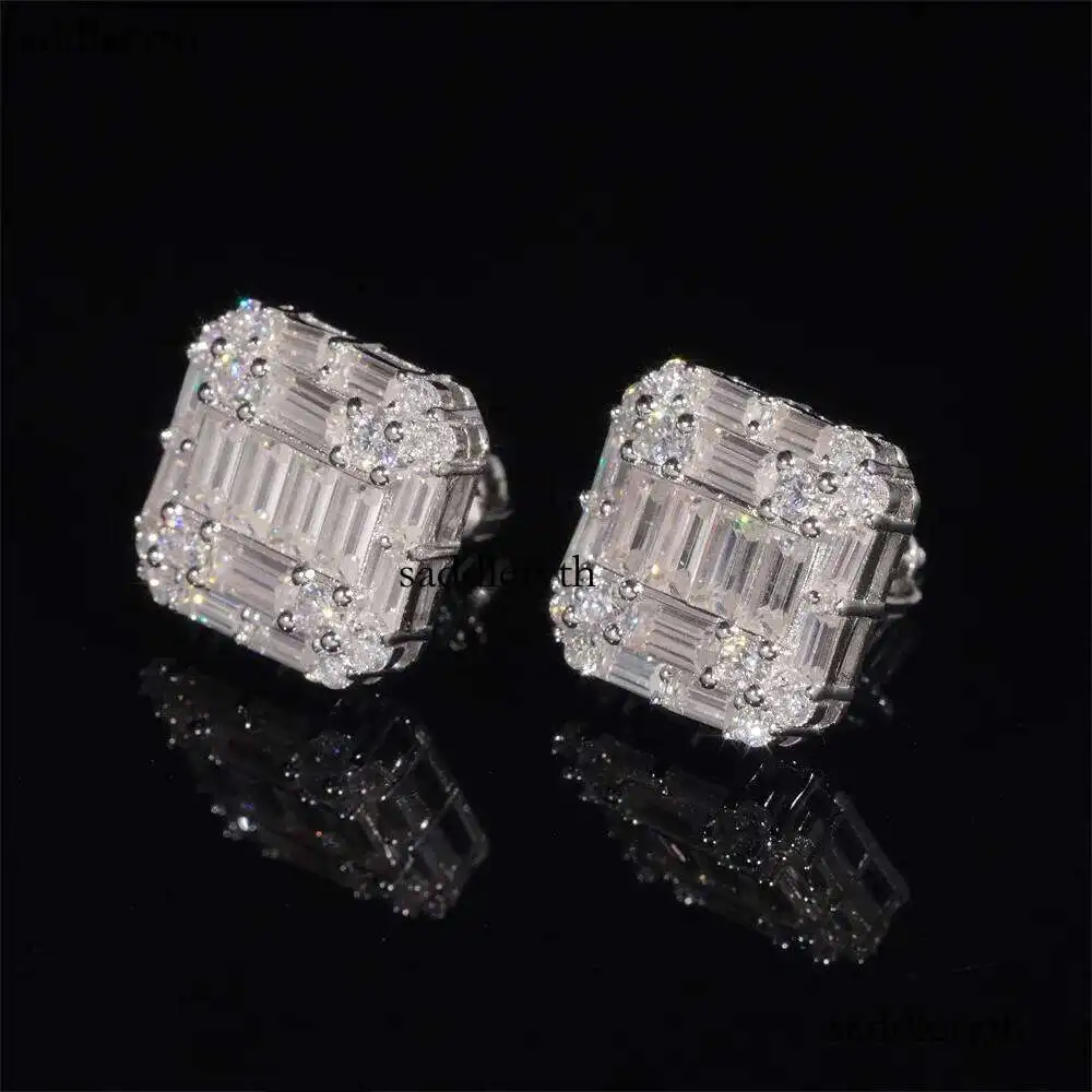Full Dia Fashion Sier vvs vs Mozambique Princess Square Casual Earrings Mens and Womens Personalized Jewelry