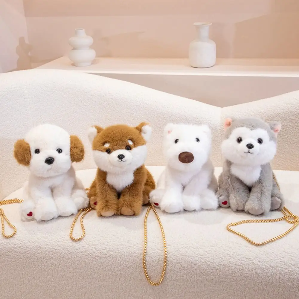 

Lovely Lying West Highland Plush Toy with Chain Real Life Simulation Akita Dog Husky Fluffy Stuffed Puppy Doll Birthday Gift