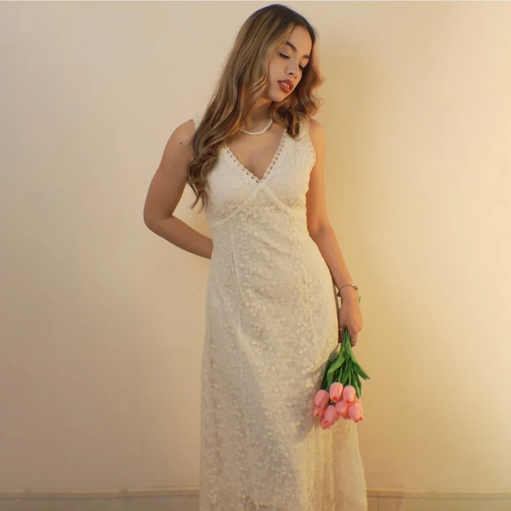 Elegante abito lungo senza maniche in pizzo donna estate telai scollo a V canotta vestito estivo donna femminile vestiti 2025 stile coreano