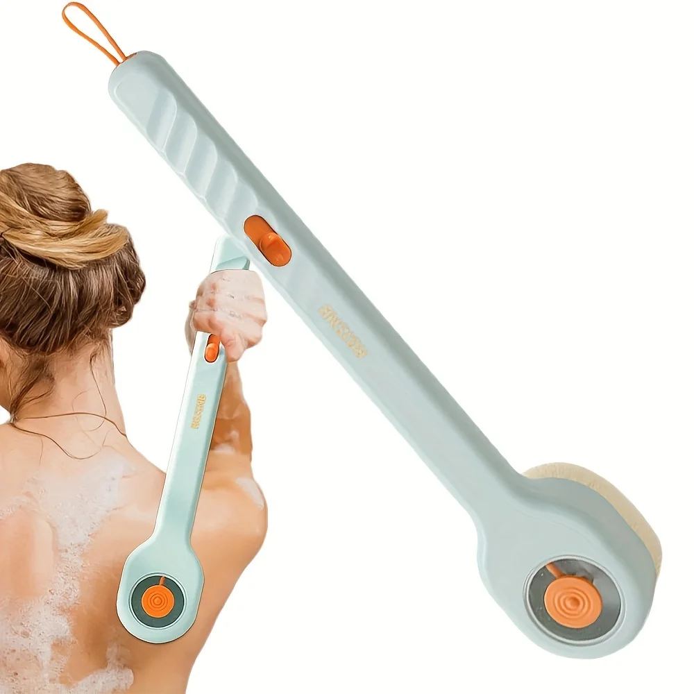 Push-Pull Liquid Dispenser Bath Brush Exfoliating & Massage Long Handle Back Scrubber with Nylon Bristles and Bath ABS Material