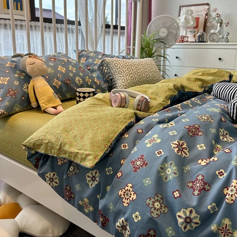 Pure Cotton Bedroom European and American Style Blue Patterned Cotton Four Piece Set Apartment Three Piece Set Single and Double