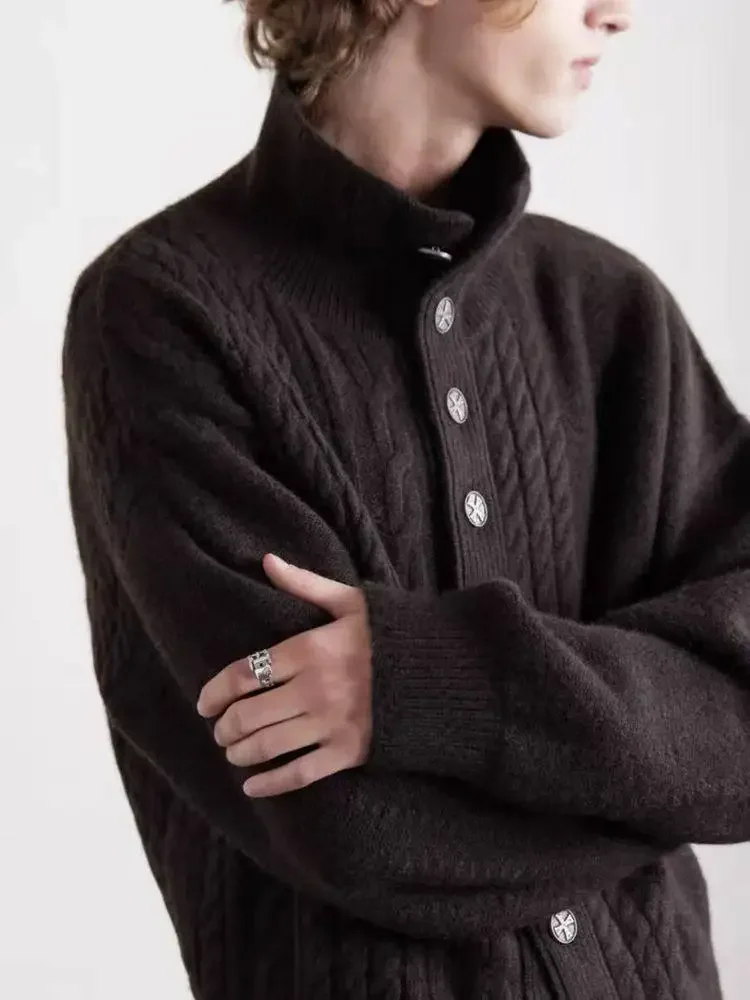 ER/D 25fw brown turtleneck silver button twist 100% wool cardigan