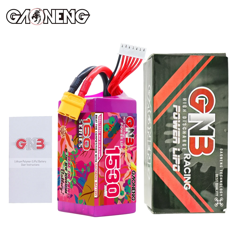 GAONENG GNB 6S 22,2V 1530mAh 160C lithiumbatterij met XT60-connector, geschikt voor FPV-drones en quadcopters.