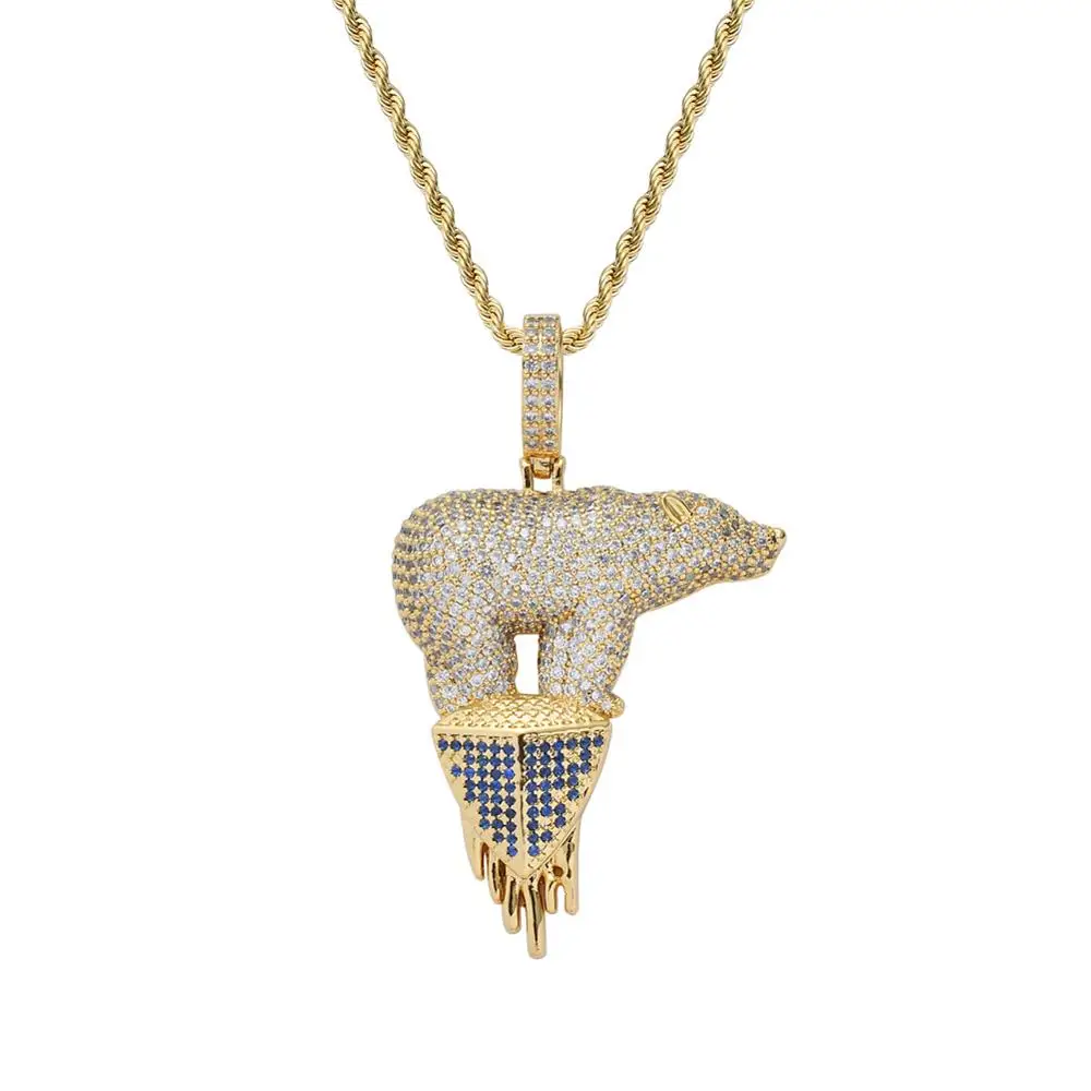 Hip Hop Micro Pave AAA Cubic Zirconia Iced Out Bling Ice Cube Polar Bear Pendants Necklace for Men Rapper Jewelry Gold Color