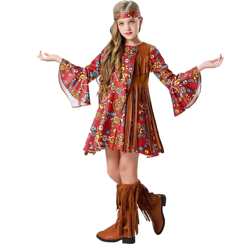 

Halloween Party Hip Ho Disco Girls Tassels Pop Rock Outfits Child Retro 60s 70s Tassels Hippie Costume Peace Loving Outfit