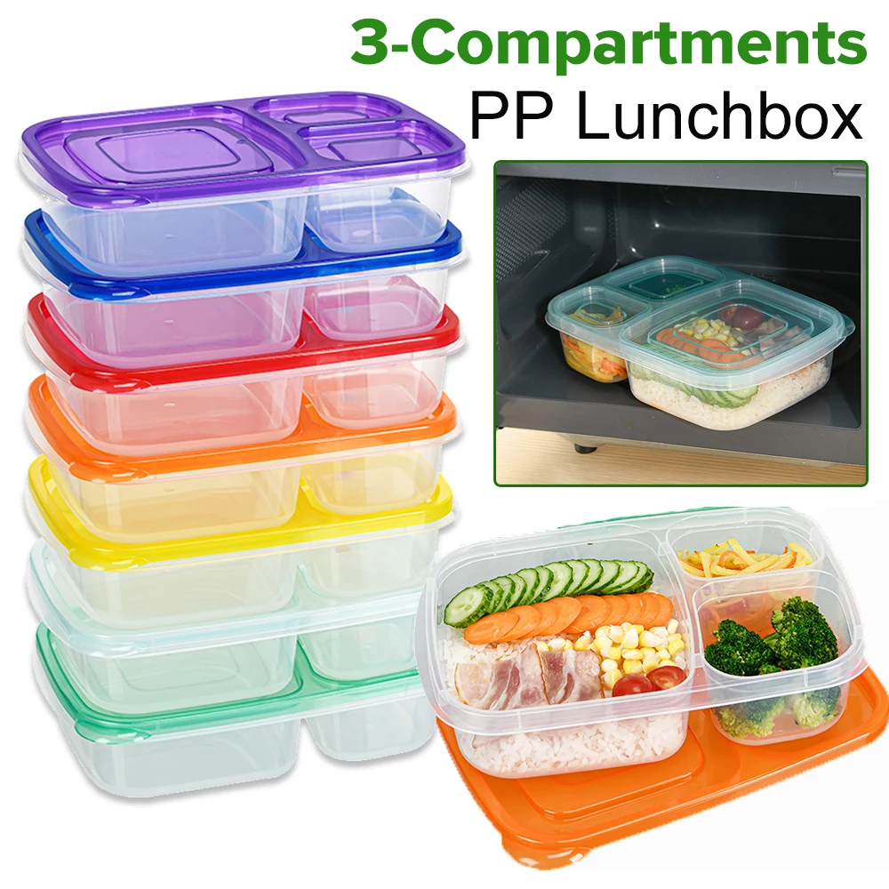 Microwave Lunch Box 3 Compartments Dinnerware Food Storage Container Children Kids School Office Portable PP Bento Box