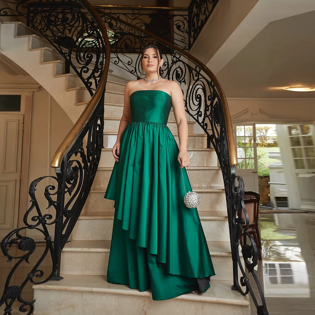 

Elegant Satin Evening Pageant Dresses Strapless Prom Dress Asymmetrical Pleated Draped A-line Special Occasion Formal Gown Custo