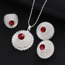 Eritrea Cute Big Red Zirconia Jewelry Set for women Ethiopian Silver plated Pendant/Earring/Ring Africa Bride Wedding Party Gift