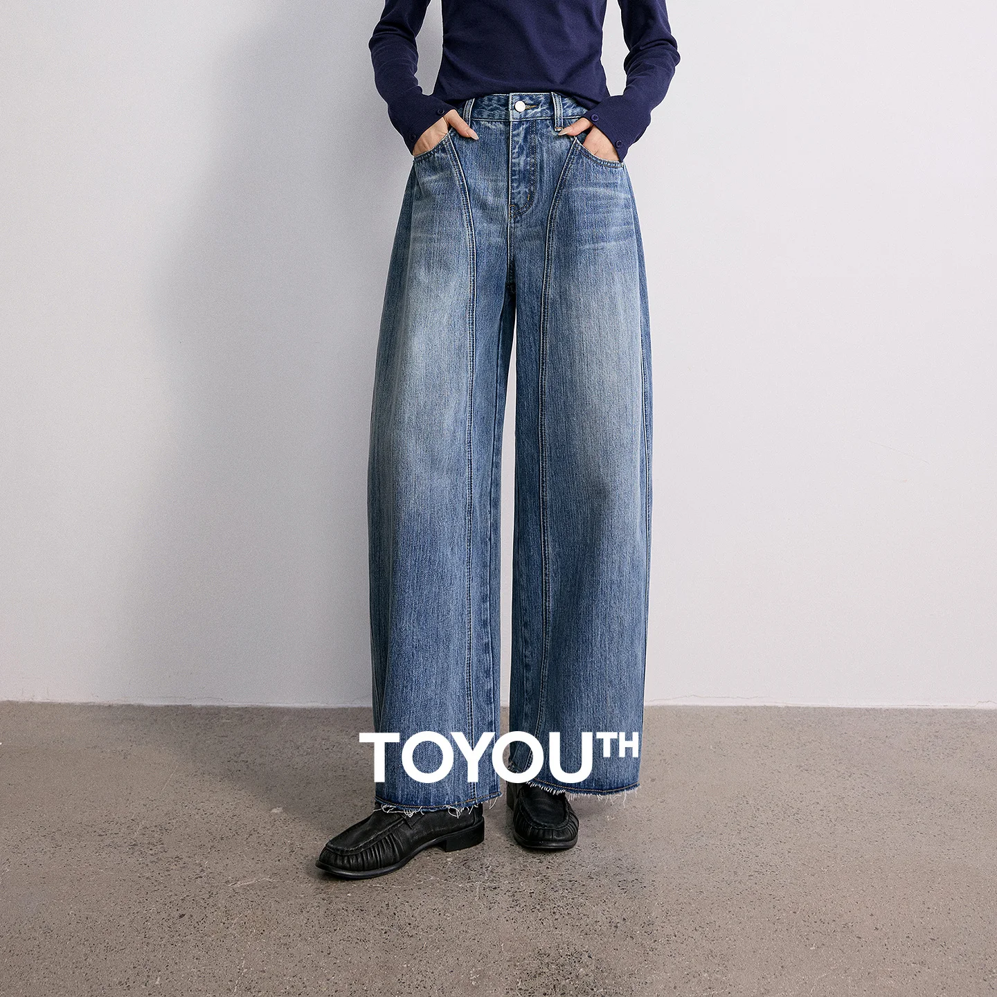 TOYOUTH Women Jeans 2026 Autumn New Relaxed Hips-Hiding Deconstructed Split Patchwork Curved Blade Pants