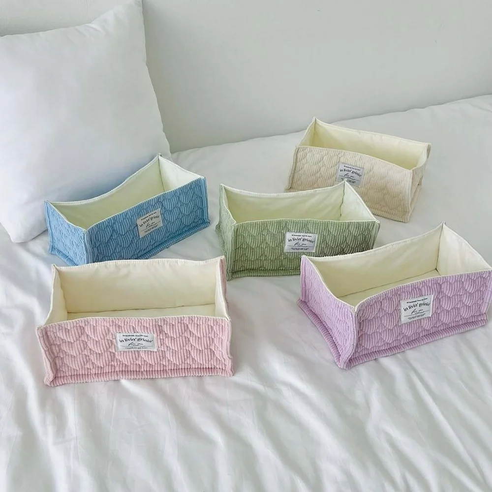 Cute Heart Corduroy Storage Basket Quilted Desktop Organizer Box for Stationery Makeup Korean Ins Home Decor Scrapbook Holder
