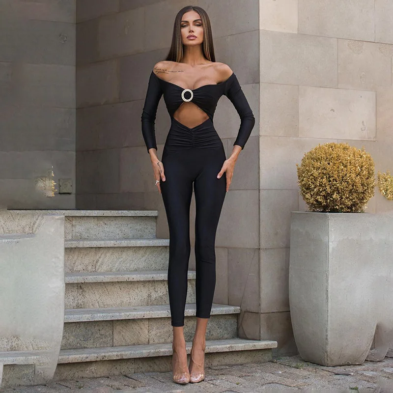 New Hollow Bodycon Women tuta abbigliamento tuta Sexy Club outfit 2023 Y2K manica lunga autunno Streetwear tuta nera top