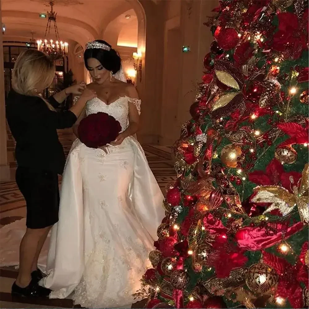 Personalize vestidos de casamento de renda frisada sereia vestidos de noiva trem destacável fora do ombro apliques marfim cetim vestido de noiva