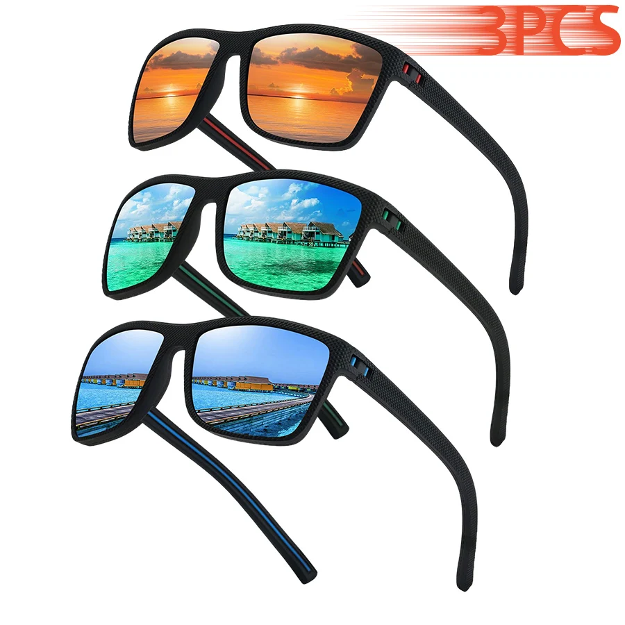 3PCS Square Elegant Sunglasses Classic Brand Designer Check Stripes Eyewear for Travel Summer Beach Driving Fishing Vacation
