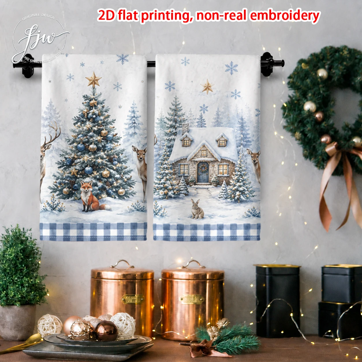 2pcs Christmas Vintage Winter Forest Kitchen Towels Set of 2 2D Flat Printed Holiday Dish Towels for Xmas Home Decor